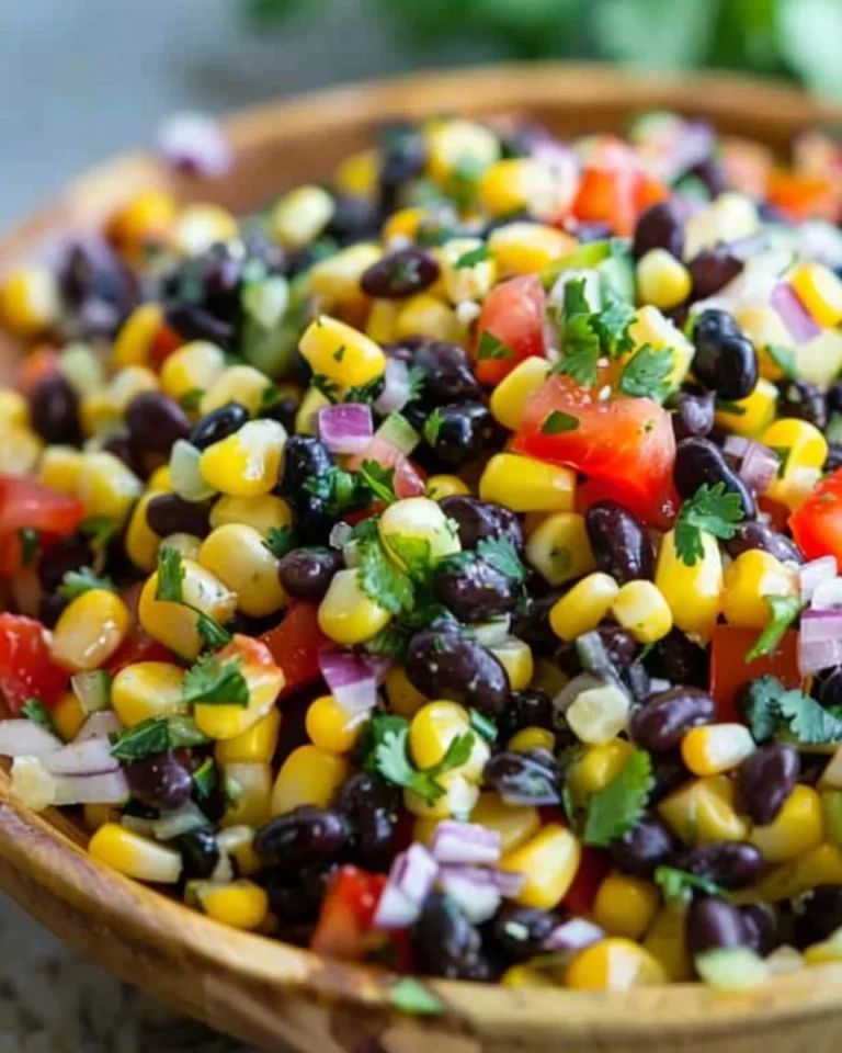 Healthy corn and black bean salad in a colorful bowl.