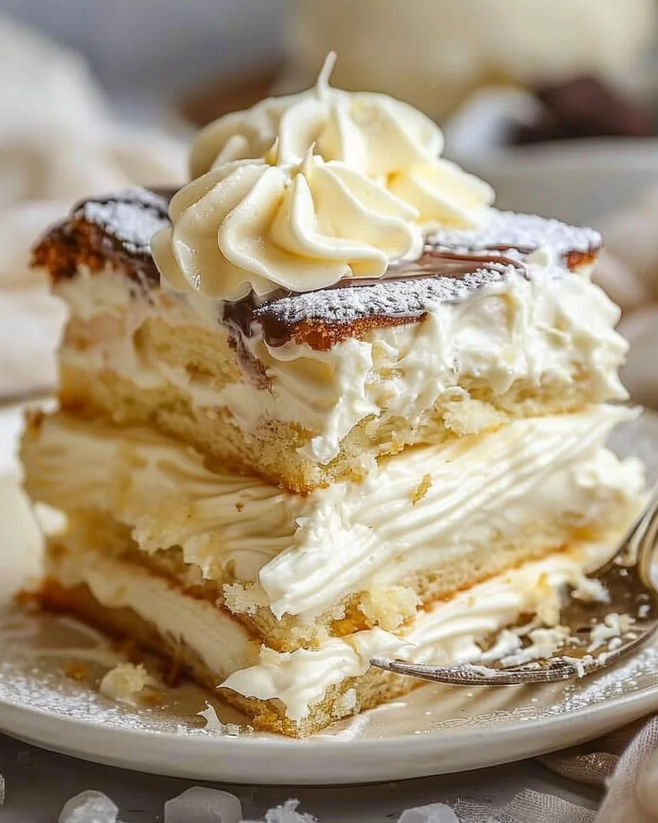 Delicious creamy cake topped with fresh berries and whipped cream.