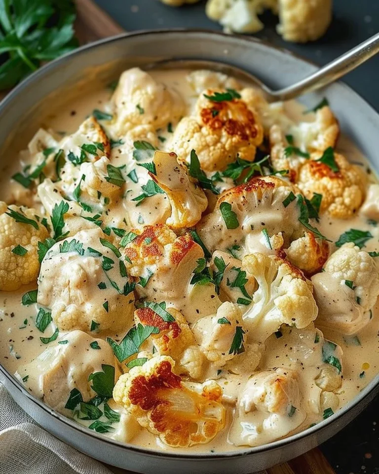 Creamy chicken dish with cauliflower served on a plate