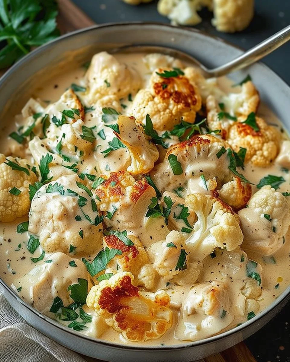 Creamy chicken dish with cauliflower served on a plate