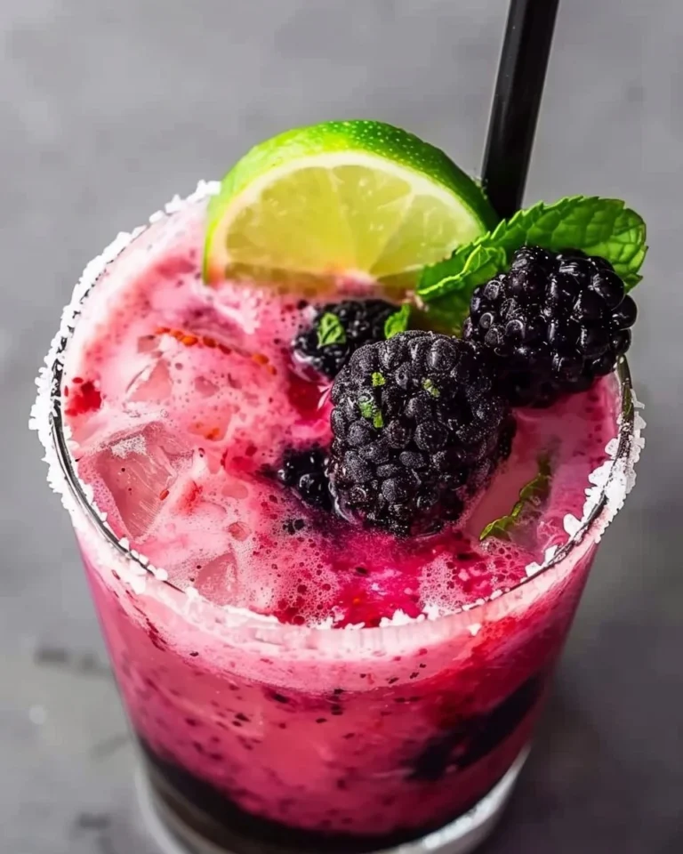Creamy Coconut Mojito cocktail with blackberries garnished with mint leaves