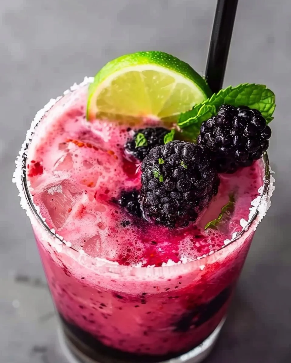 Creamy Coconut Mojito cocktail with blackberries garnished with mint leaves