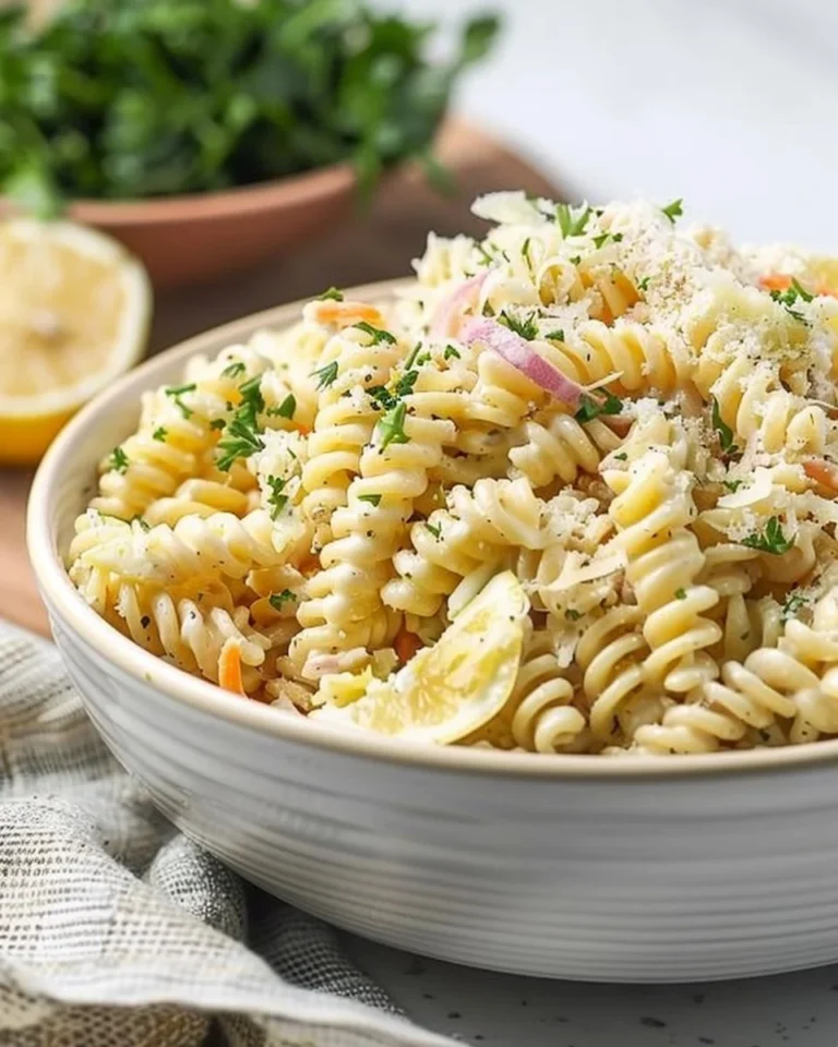 Creamy lemon parmesan pasta salad garnished with fresh herbs