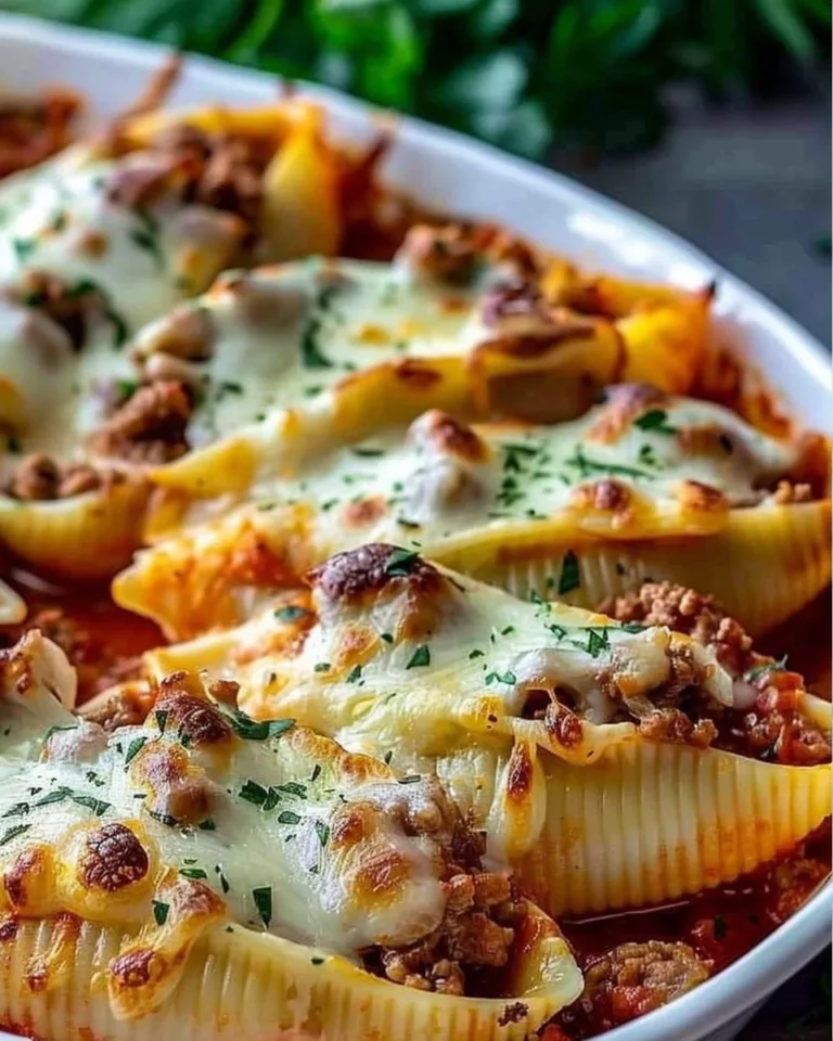 Creamy ricotta and beef stuffed shells topped with marinara sauce