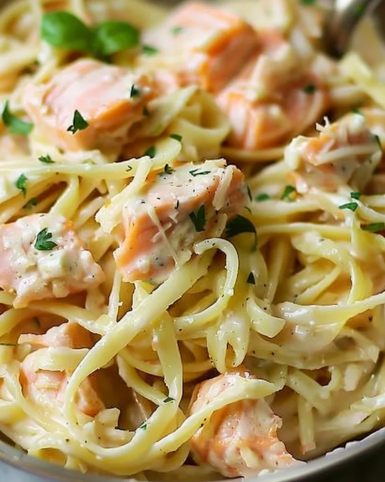 Delicious creamy salmon alfredo dish served on a plate