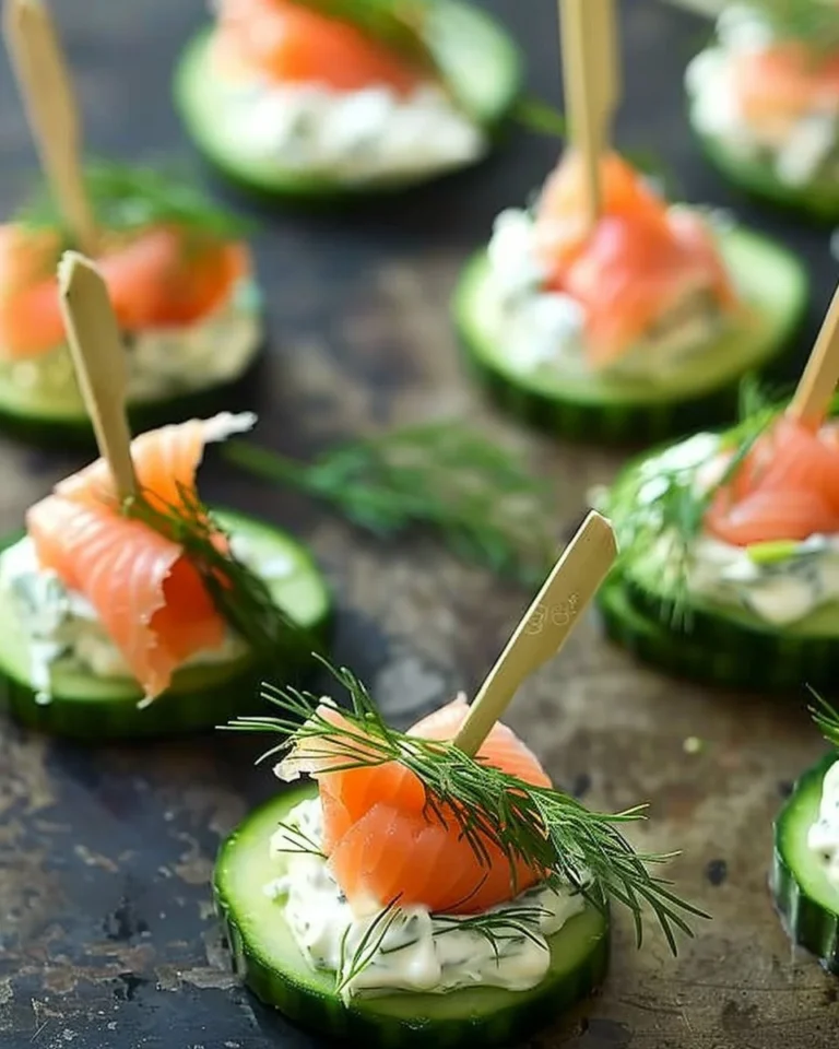 Cucumber bites topped with creamy dill sauce and smoked salmon on a plate