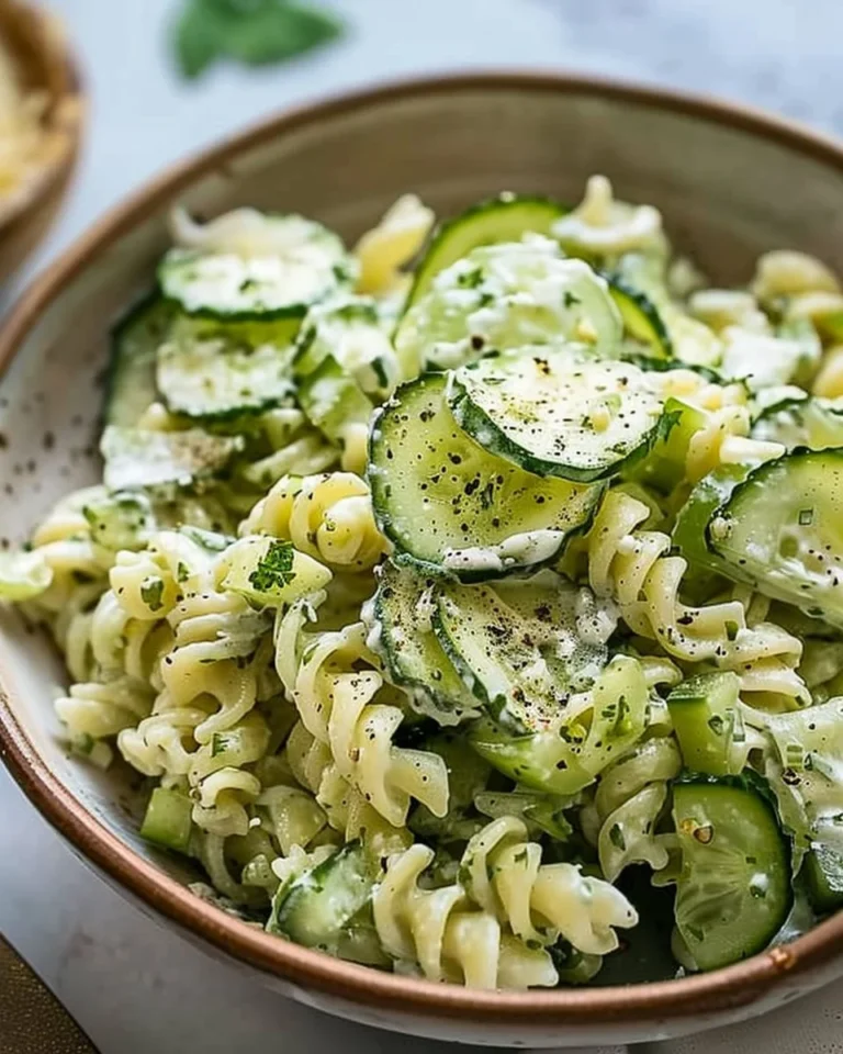 Delicious cucumber pasta salad with fresh vegetables and dressing