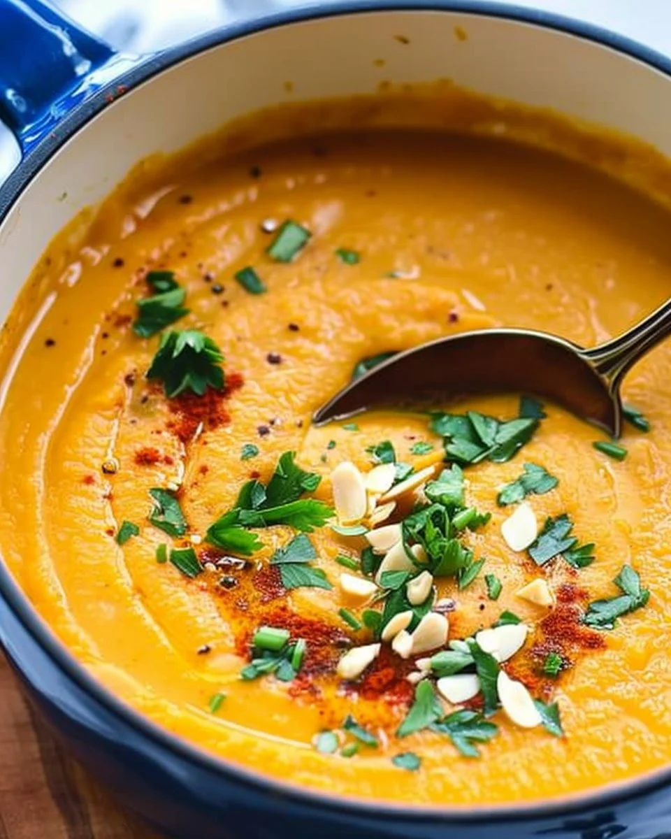 Bowl of Cumin Roasted Root Vegetable Soup topped with herbs and spices