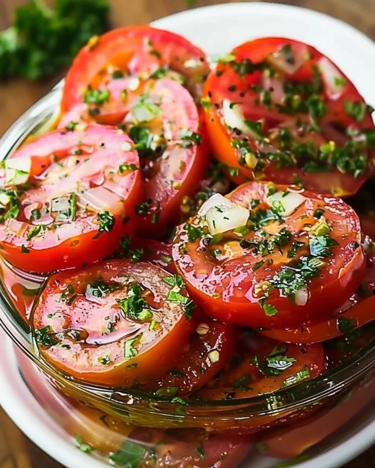 Bowl of easy marinated tomatoes with herbs and spices