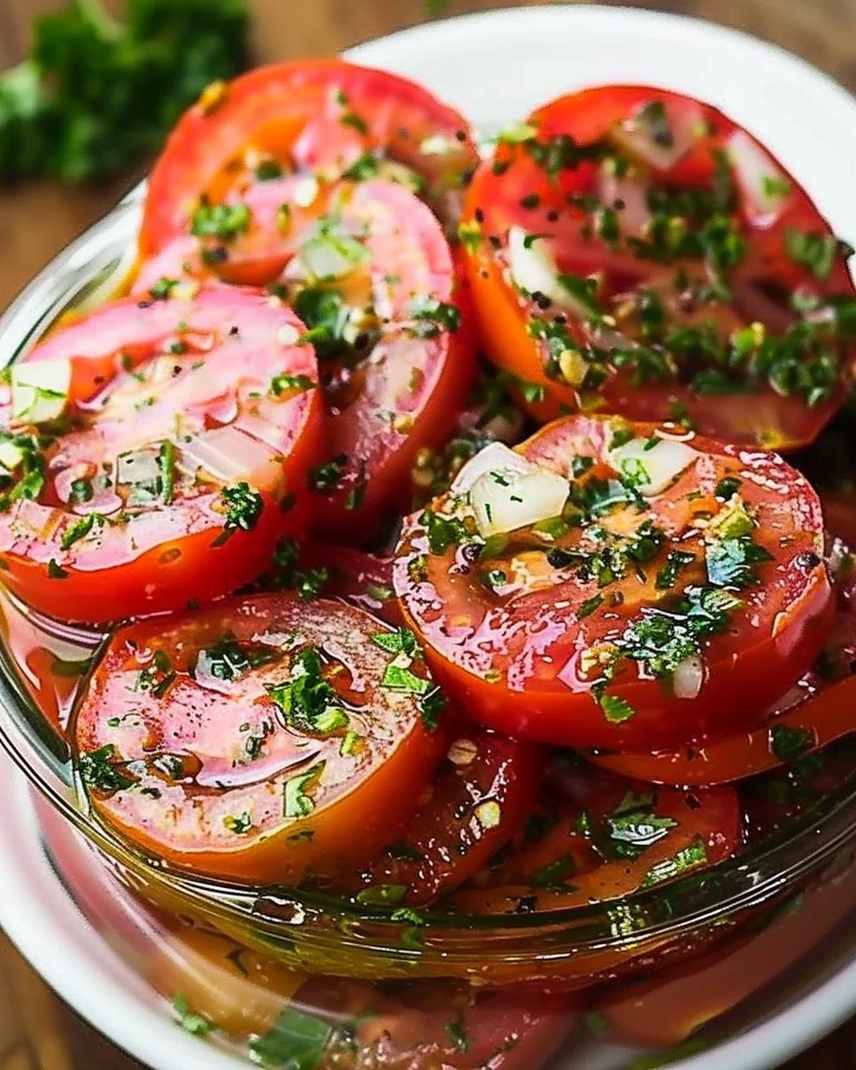 Bowl of easy marinated tomatoes with herbs and spices