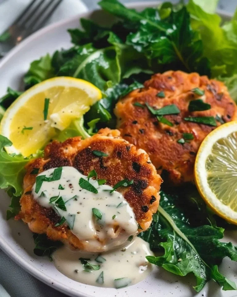 Healthy gluten-free salmon patties with lemon garlic sauce on a plate
