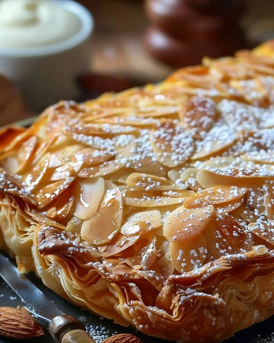 Flaky sweet almond pastry topped with sliced almonds and glaze