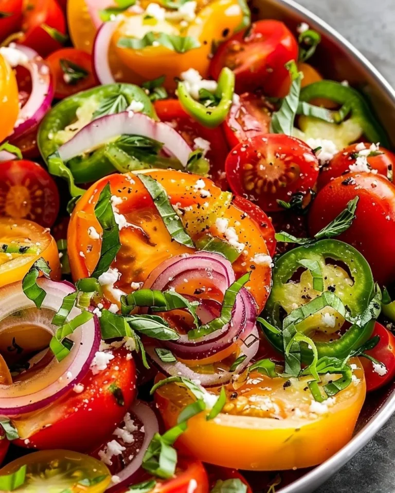 Vibrant fresh heirloom tomato salad with herbs and dressing