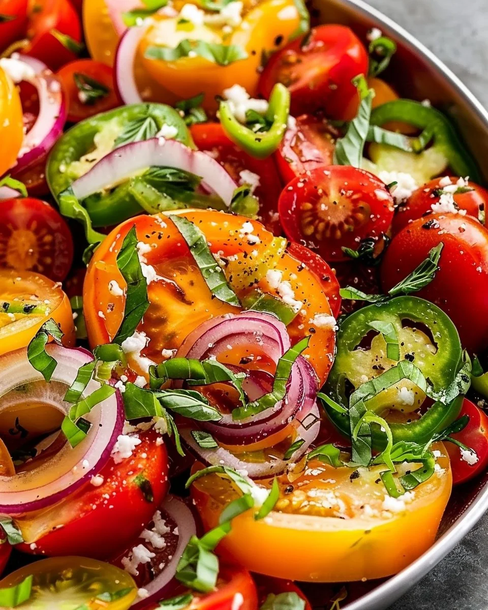Vibrant fresh heirloom tomato salad with herbs and dressing