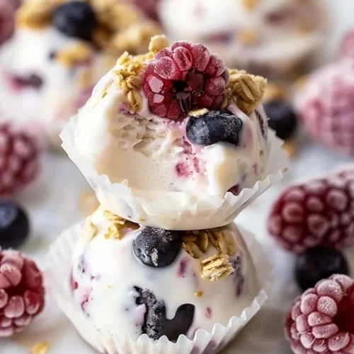 Plate of colorful frozen yogurt bites, a quick and easy snack option.