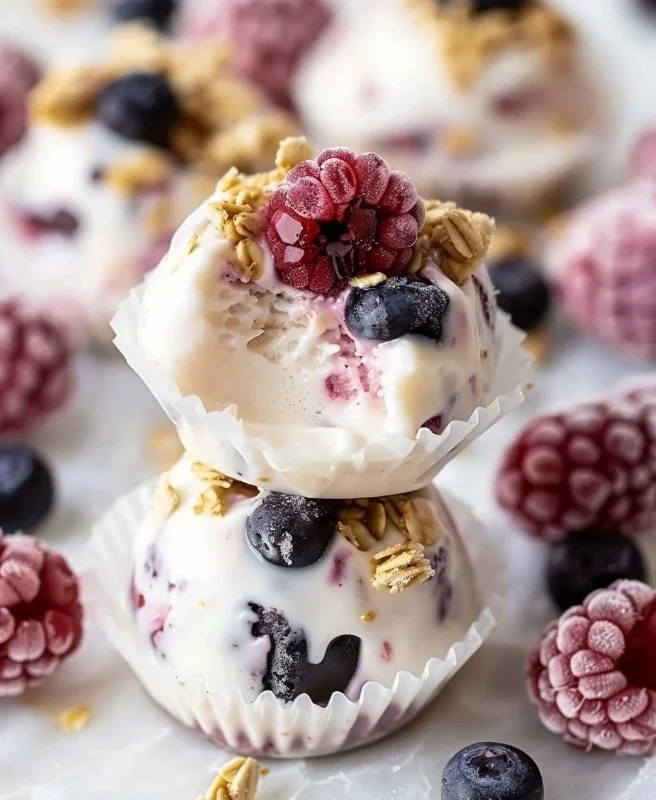 Plate of colorful frozen yogurt bites, a quick and easy snack option.