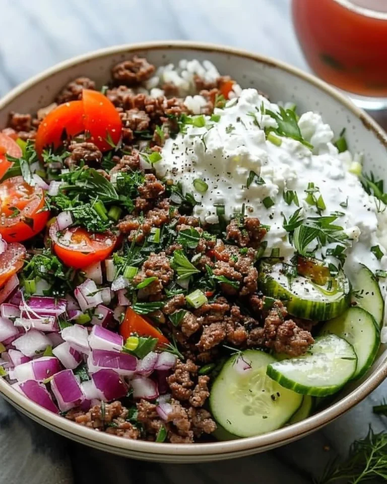 Delicious Greek-inspired ground beef bowls topped with fresh vegetables