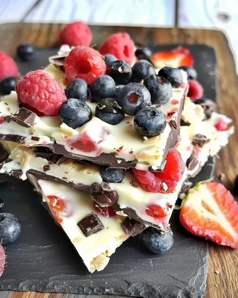 Greek yogurt bark topped with chocolate and colorful berries on a wooden surface