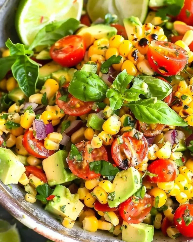 Grilled corn tomato avocado salad garnished with fresh herbs and lime.