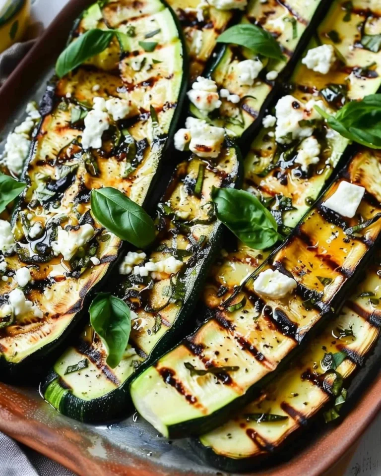 Grilled zucchini topped with goat cheese, basil, and honey on a plate