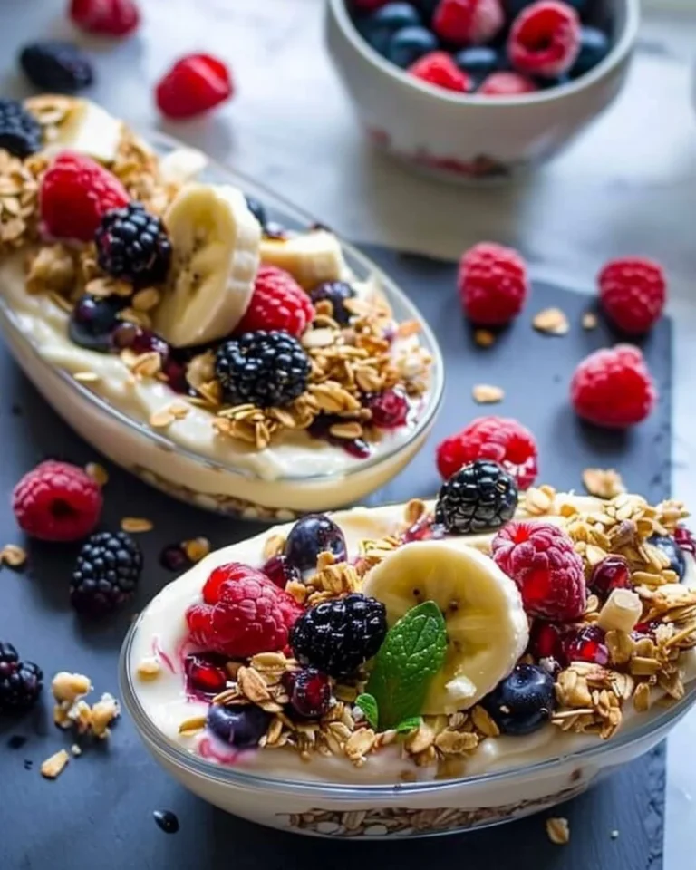 Healthy banana split breakfast topped with berries and granola