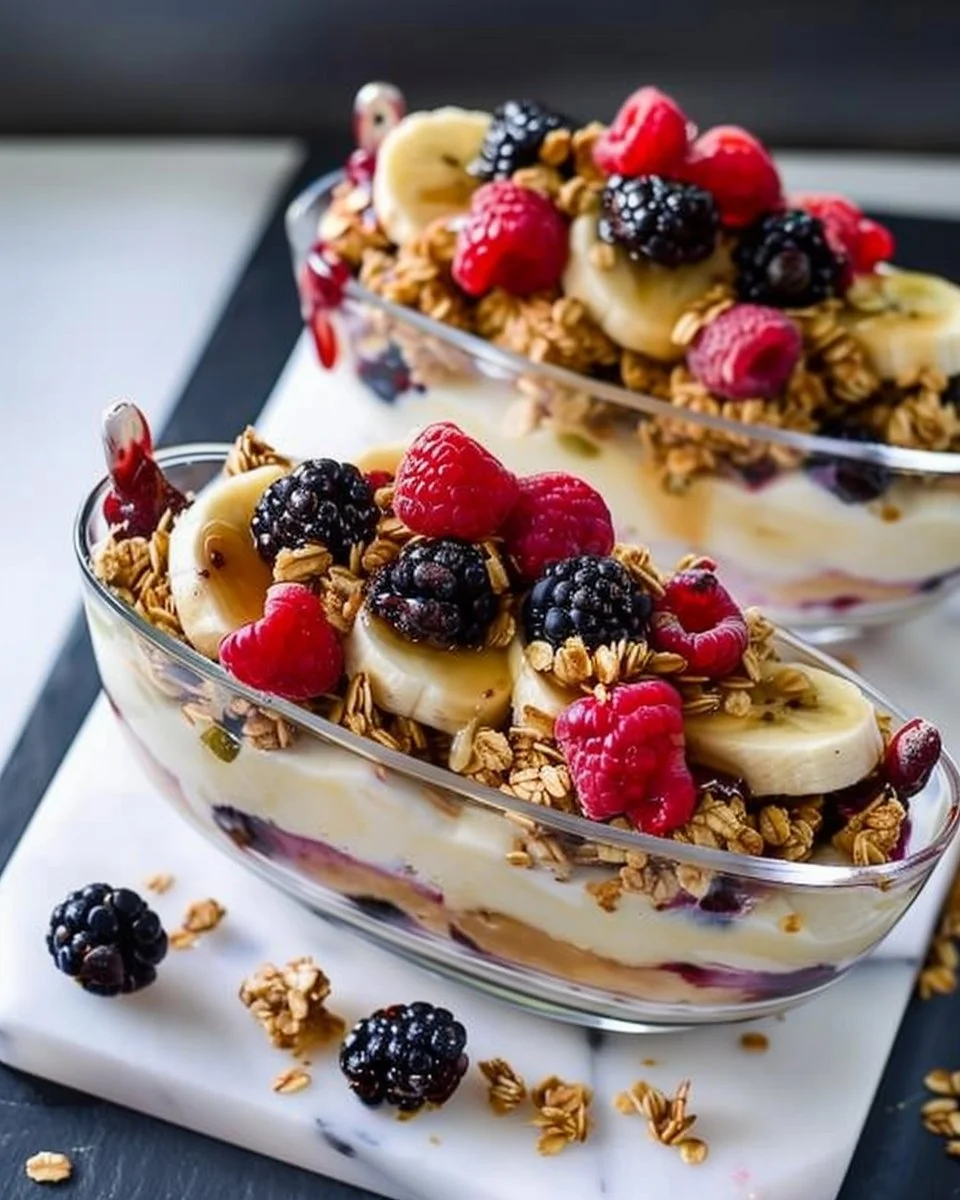 Healthy Breakfast Banana Split with Berries and Granola | Healthy breakfast with toppings, Breakfast with bananas healthy, Banana split breakfast ideas
