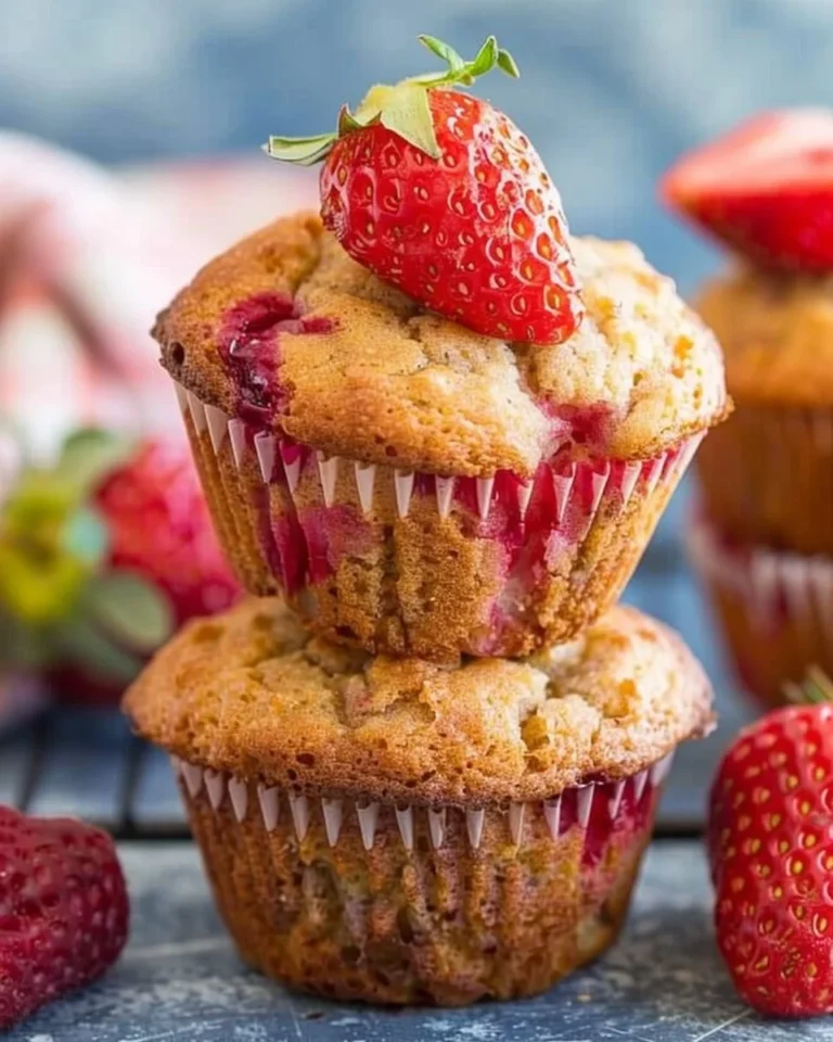 Freshly baked healthy strawberry muffins on a wooden table