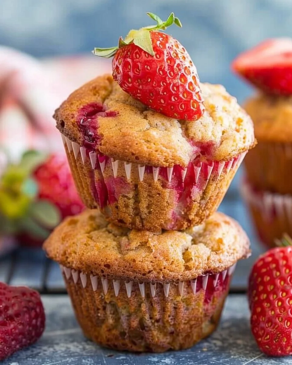 Freshly baked healthy strawberry muffins on a wooden table