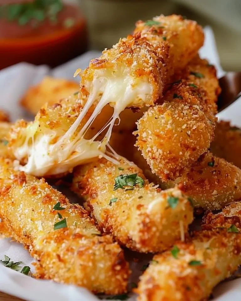 Homemade mozzarella sticks with golden, crispy coating on a plate