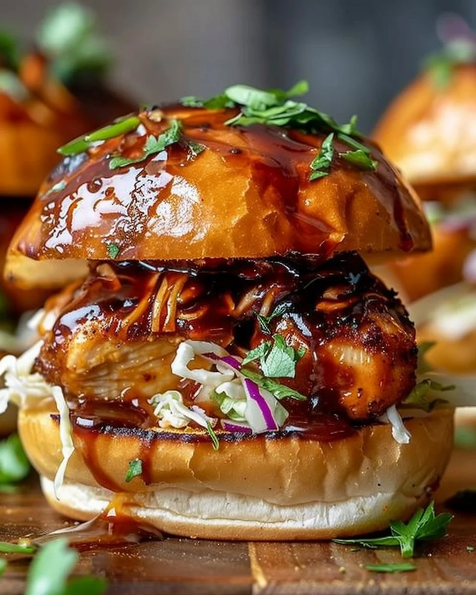 Honey-glazed chipotle chicken sliders on a wooden serving board.