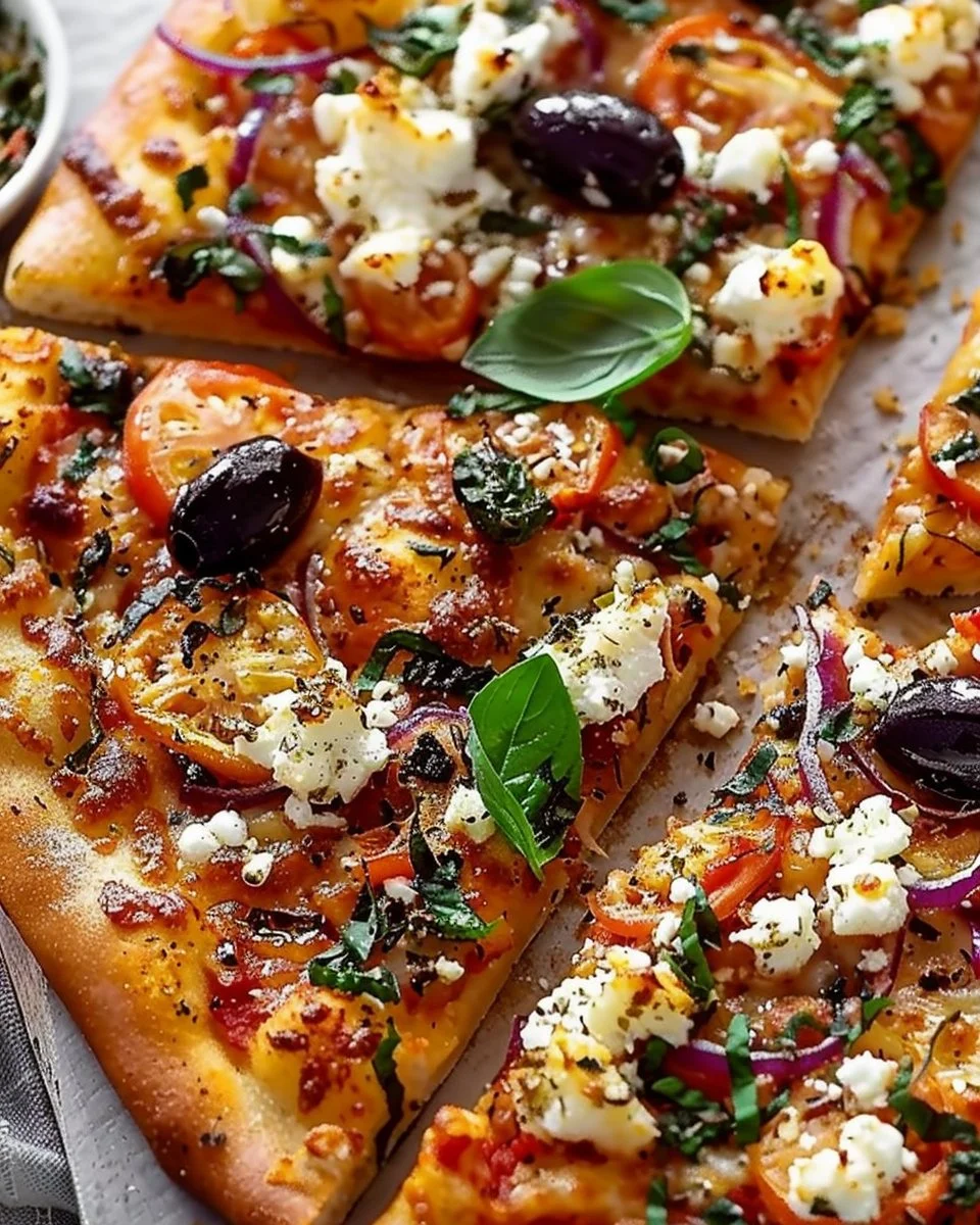 Homemade Mediterranean pizza topped with olives, feta, and fresh vegetables