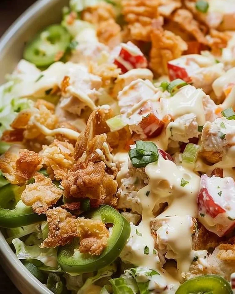 Delicious jalapeno popper chicken salad in a bowl with fresh ingredients