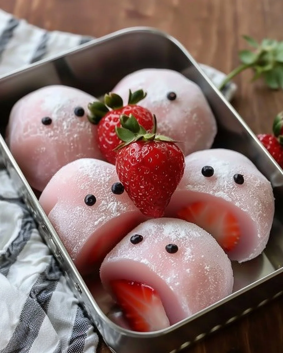 Kirby-inspired strawberry mochi decorated in playful colors