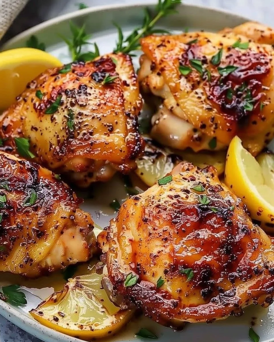 Juicy lemon pepper chicken thighs garnished with fresh herbs