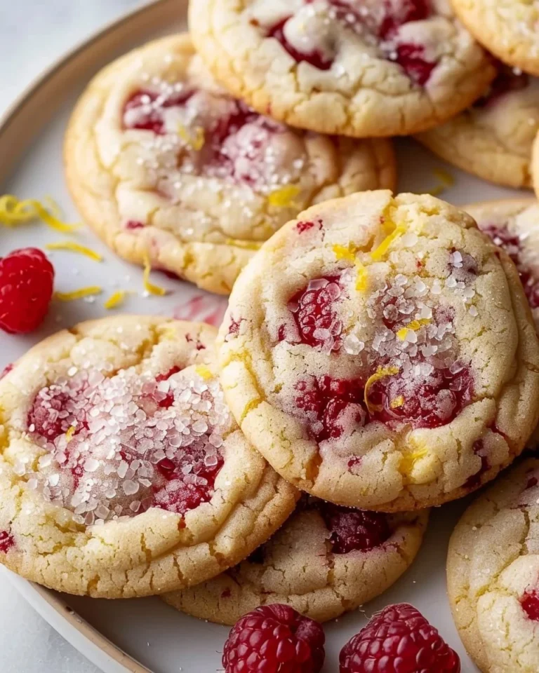 Lemon Raspberry Cookies stacked on a plate with fresh raspberries and lemon slices