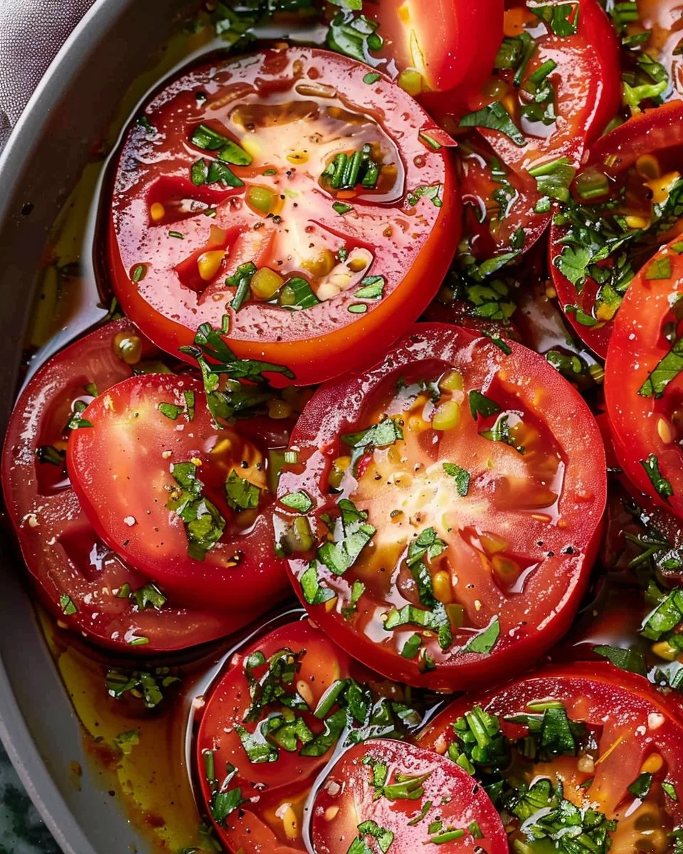 Fresh marinated tomatoes recipe with herbs and spices for flavor enhancement