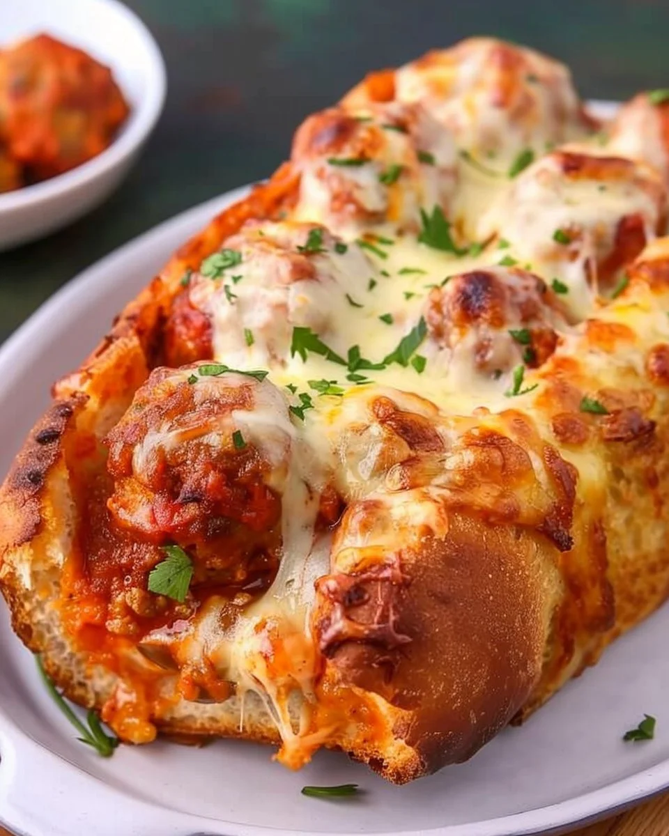 Cheesy meatball sub bubble bake with meatballs and marinara sauce