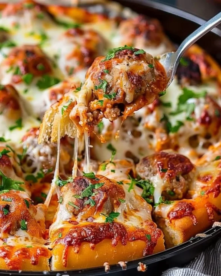 Meatball Sub Bubble-Up Bake served in a dish, garnished with herbs.