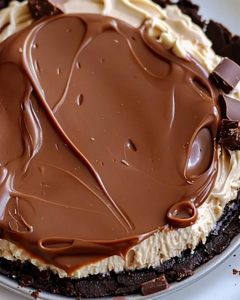 No-Bake Reese Peanut Butter Cups Pie topped with chocolate and peanut butter