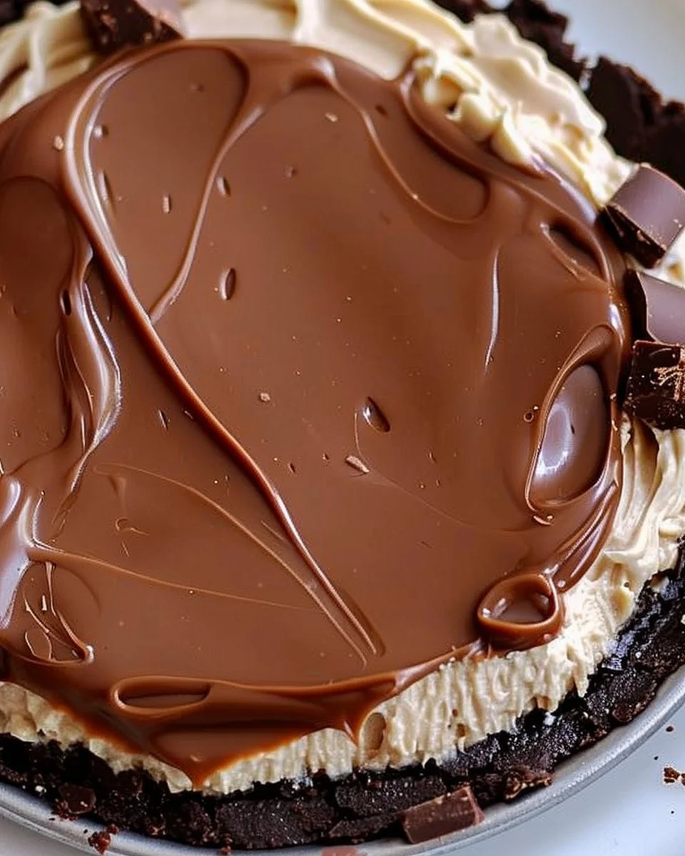 No-Bake Reese Peanut Butter Cups Pie topped with chocolate and peanut butter