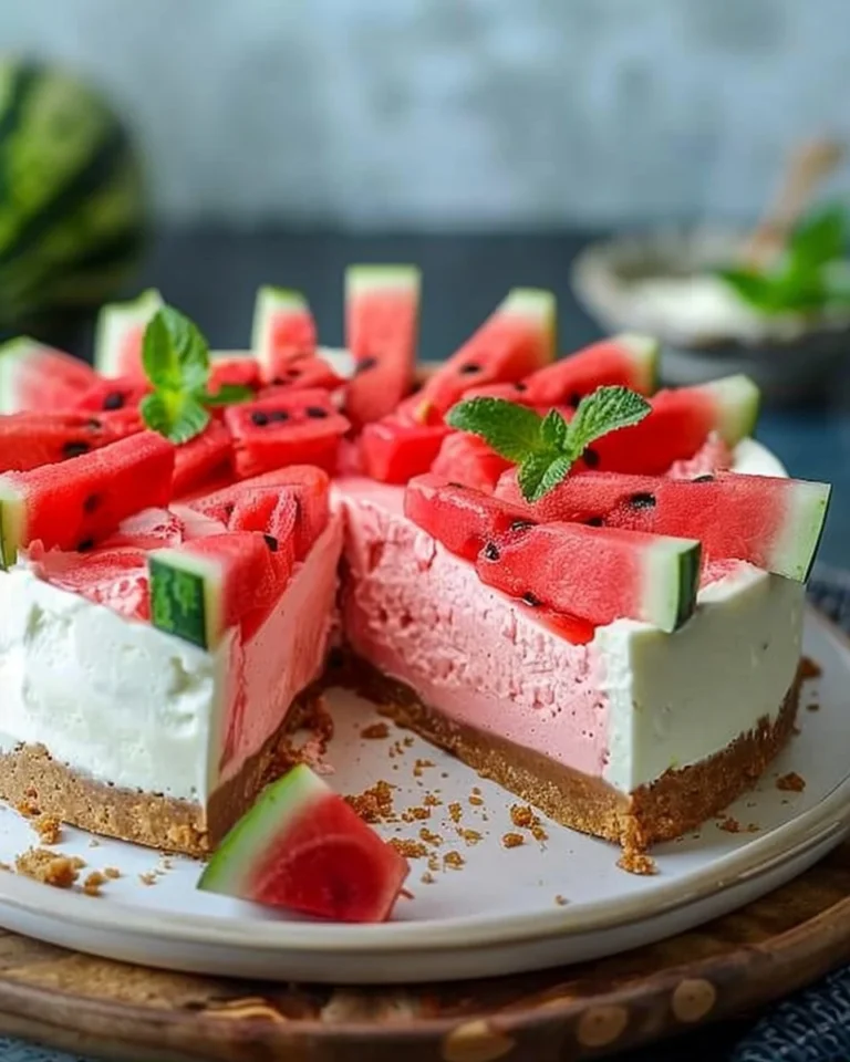 No-Bake Watermelon Cheesecake dessert topped with fresh watermelon slices