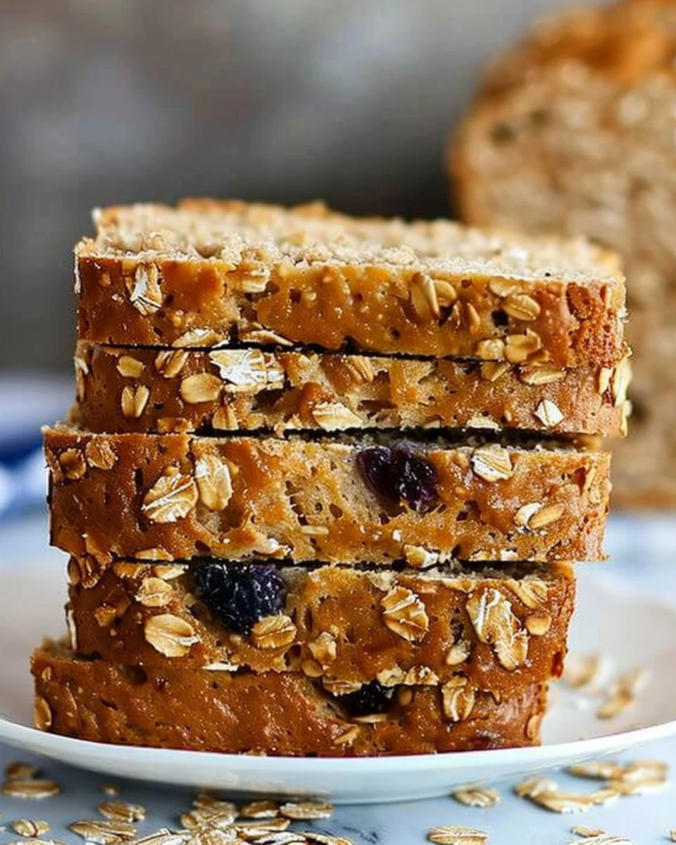 Freshly baked oatmeal bread on a wooden table