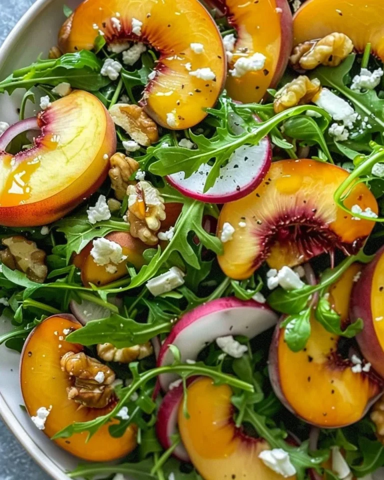 Delicious Peach Arugula Salad with fresh peaches and green arugula leaves