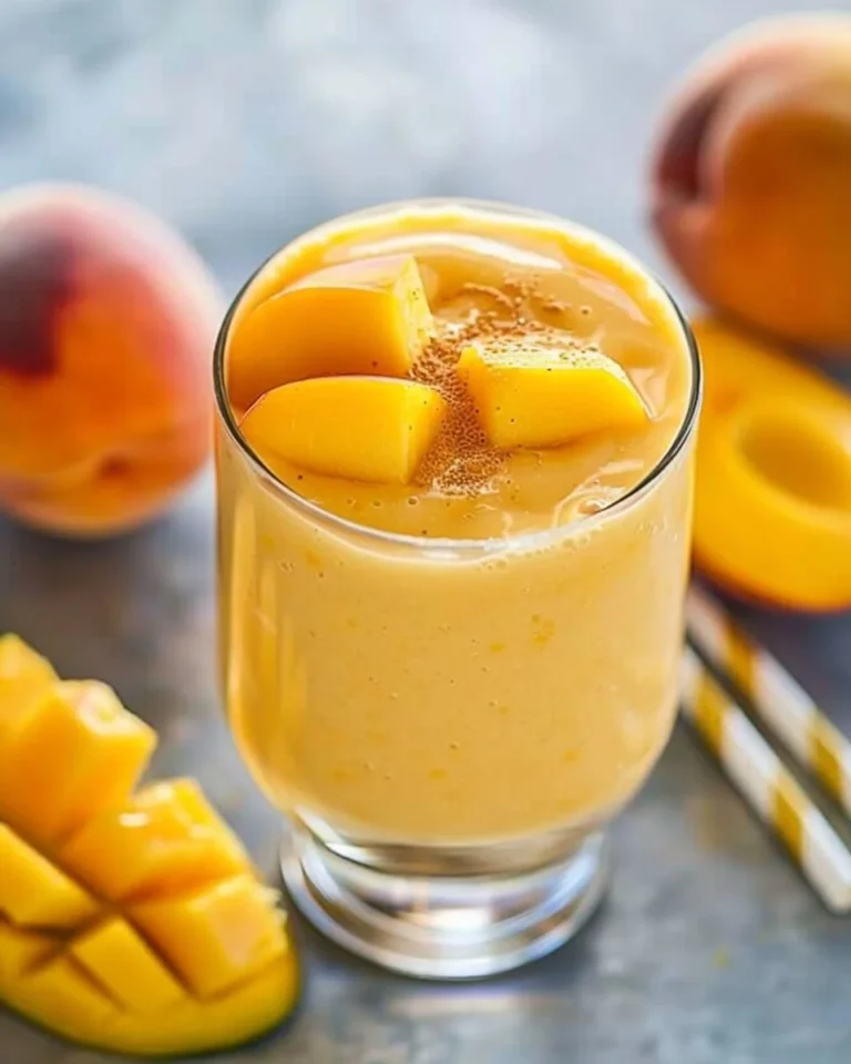 Delicious homemade Peach Mango Smoothie in a glass with fresh fruit toppings.