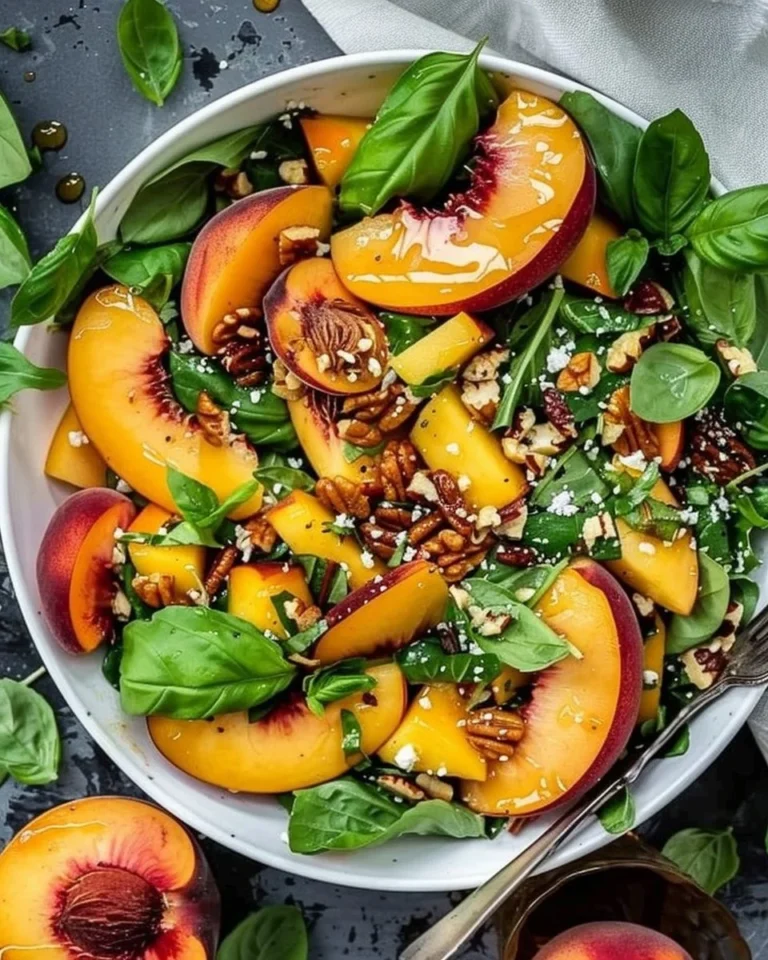 Delicious peach salad with basil and spinach in a bowl