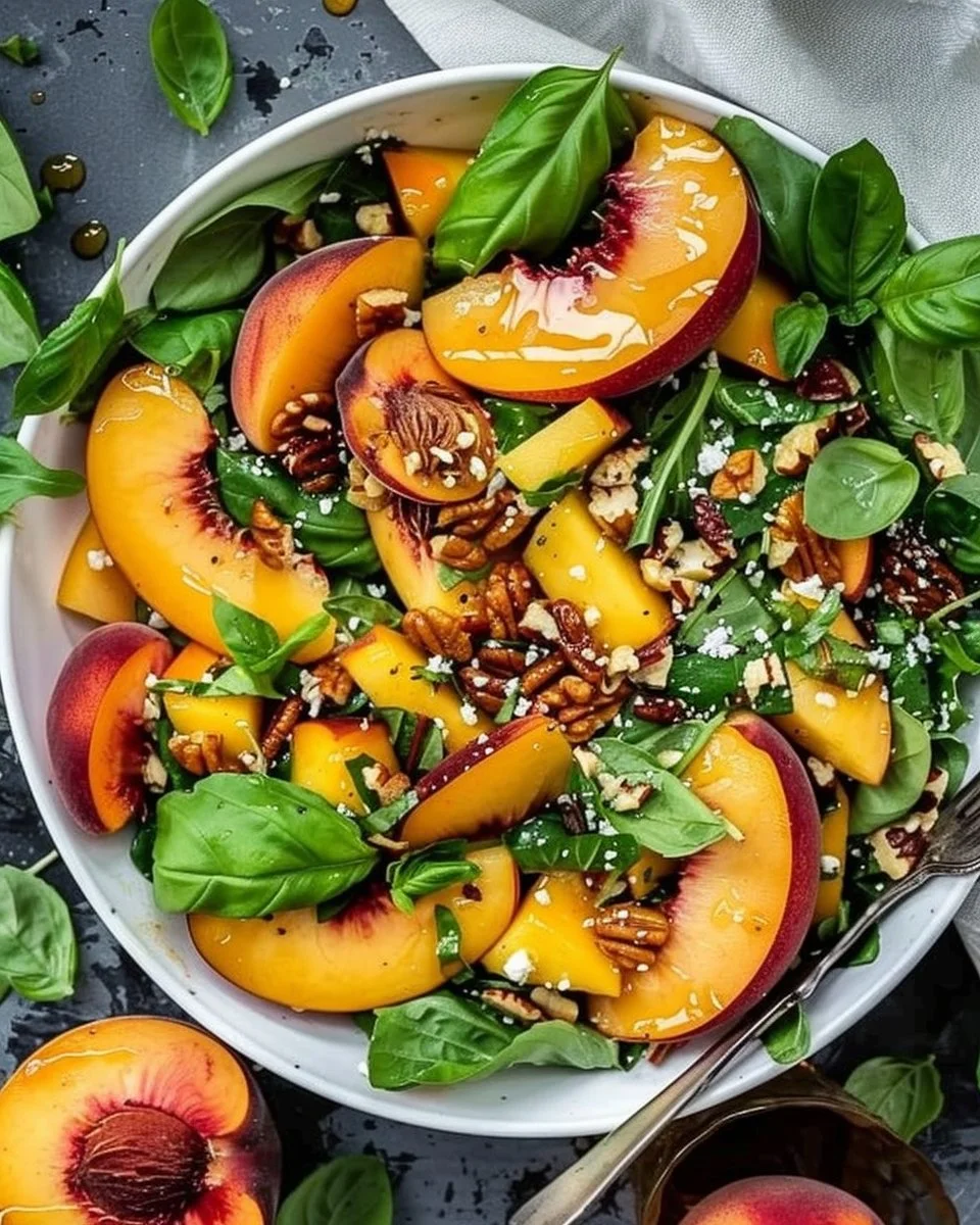 Delicious peach salad with basil and spinach in a bowl