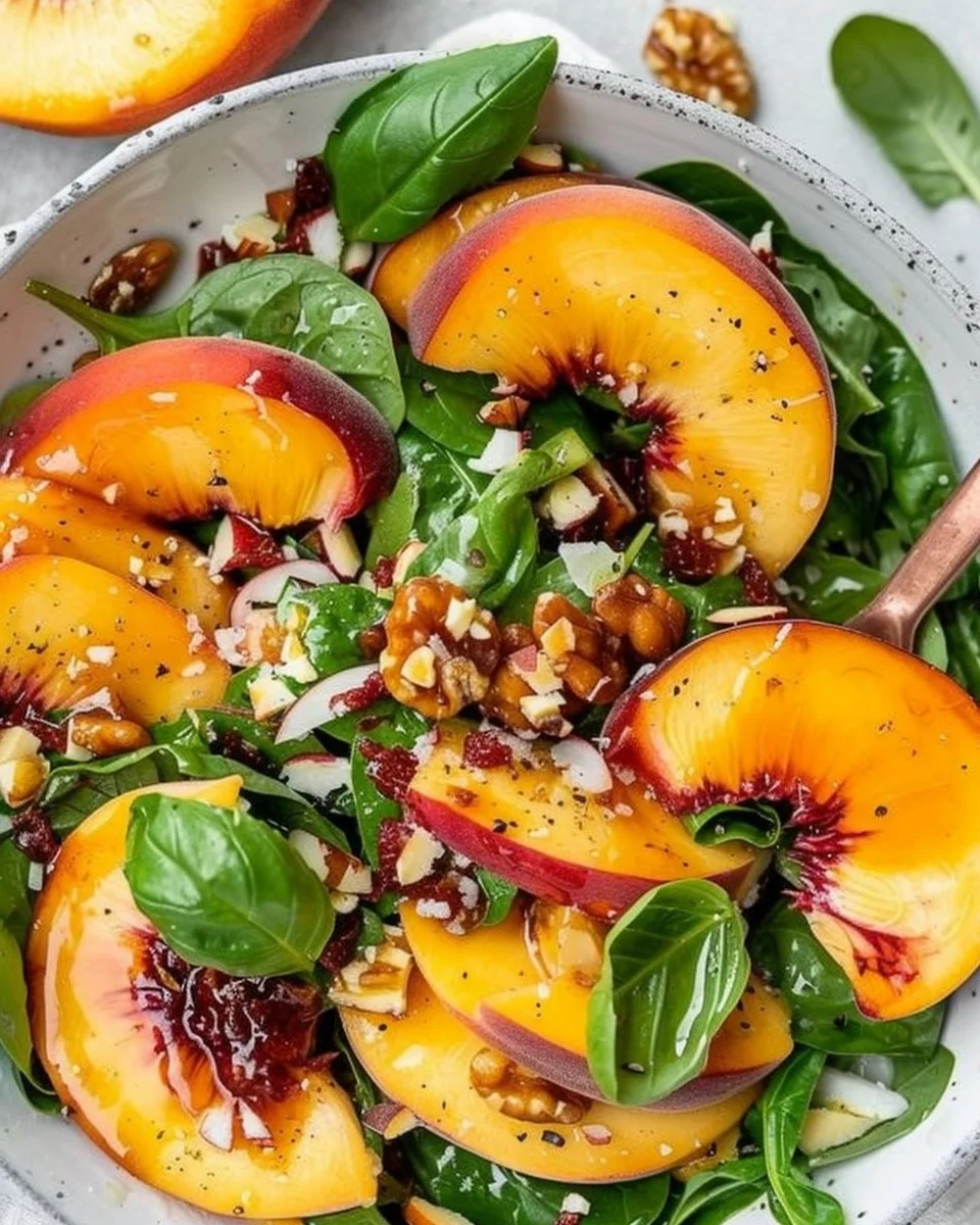 Peach Salad {With Basil & Spinach} | FeelGoodFoodie