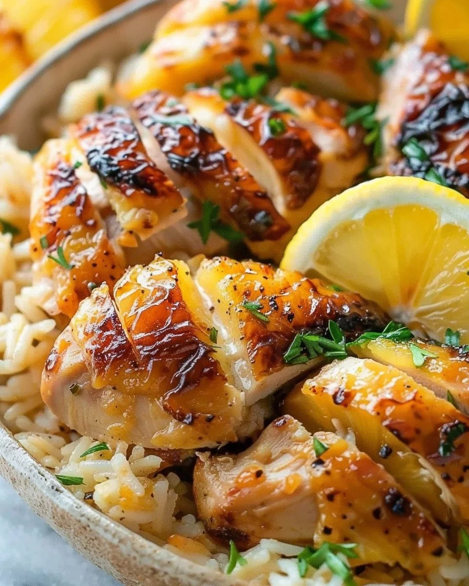 Pineapple Chicken served with rice on a dinner plate, garnished with fresh herbs.