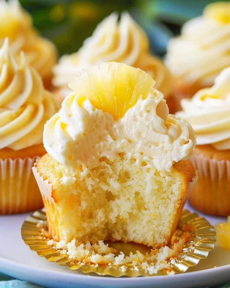 Delicious pineapple cupcakes with creamy pineapple frosting on a plate
