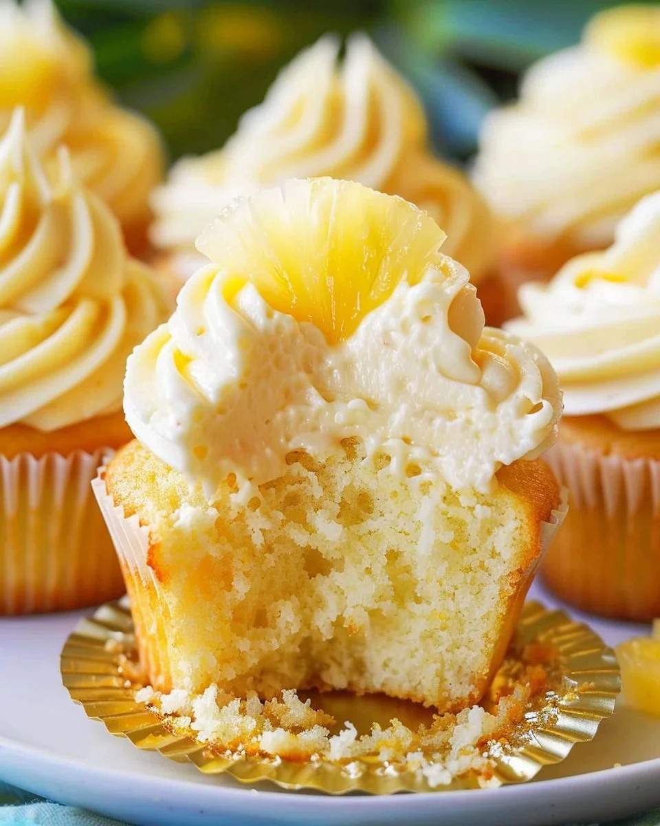 Delicious pineapple cupcakes with creamy pineapple frosting on a plate